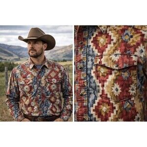 Wrangler USA Aztec Western Shirt XL Tall Pearl Snap Vintage Cowboy Ranchwear